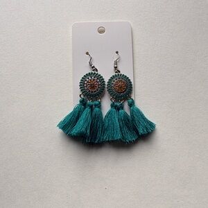 Chic Bohemian Silver and Teal Fringe Tassel Earrings